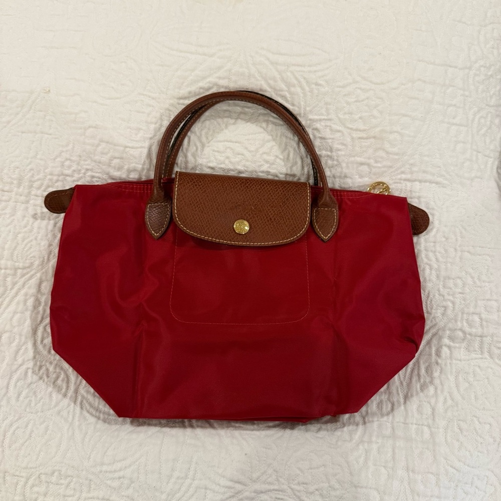 Red Longchamp Le Pliage Small with Short Handles